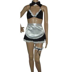 French Maid Costume Lingerie Womens OS apron bikini top panty skirt garter